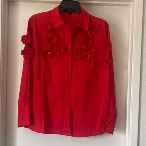 Boston Proper Red Floral-Appliqué Button-Down Shirt